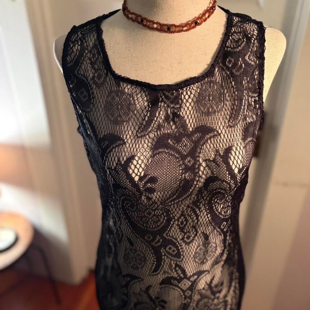 Vintage Black Sheer Lace Sleeveless Fitted Maxi Dress Size M